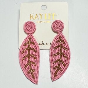 Kay Lee New York | Handmade Pink Beaded Leaf Earrings -Boho Tropical Vacay | NWT